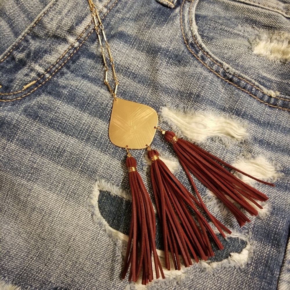 Long gold & leather tassel necklace NWT